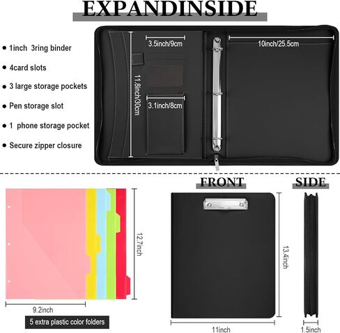 موثق منظم محفظة Padfolio مع محفظة جلدية سستة مع 3 رابط رنين و 5 صفحات مقسم للمجلدات للجهاز اللوحي والسيرة الذاتية والوثائق وبطاقات العمل (الوردي) in Saudi Arabia