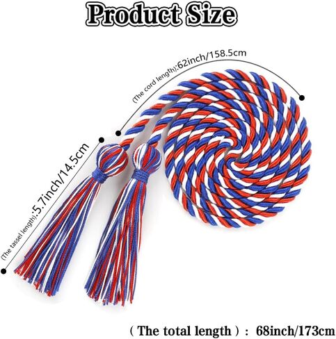 Graduation Cords, Cords for Graduation 2025, Red Blue and White Graduation Honor Cord 68 Inch Rayon Braided Cord, Honor Ropes with Tassels for 2025 Graduation Decorations for Students Master Doctoral in Saudi Arabia
