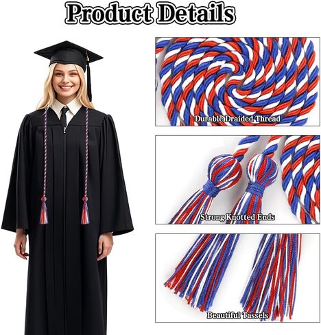 Graduation Cords, Cords for Graduation 2025, Red Blue and White Graduation Honor Cord 68 Inch Rayon Braided Cord, Honor Ropes with Tassels for 2025 Graduation Decorations for Students Master Doctoral in Saudi Arabia