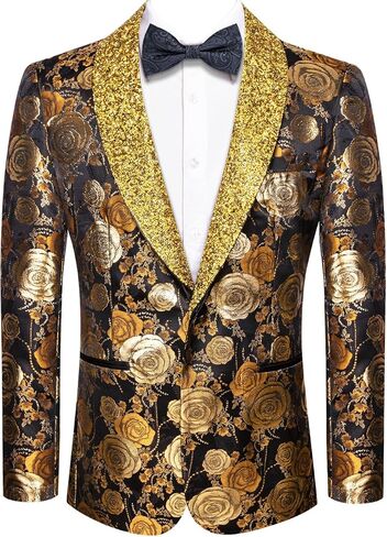 Hi-Tie Blue and Gold Floral Blazer for Men Wedding Prom Notch Collar Long Sleeve One Button Slim Fit Dress Suit Jacket in Saudi Arabia