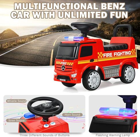 HONEY JOY Ride On Push Car, Licensed Mercedes Benz Push Cars for Toddlers w/Horn, Music, Lights, Under Seat Storage, Foot-to-Floor Ride On Fire Truck Toy for Kids Boys Girls 1-3, Red in Kuwait