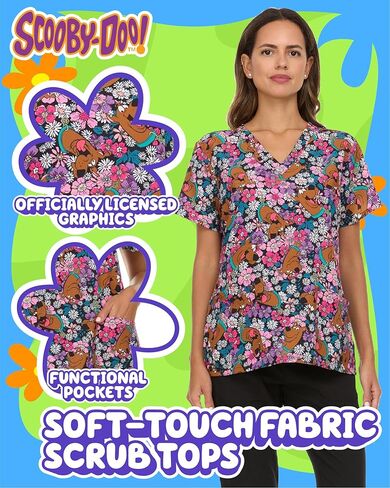 Womens Scrub Tops - Scooby-Doo Short Sleeve V-Neck Medical Uniform Scrubs for Women (Sizes: S-XXL) in Kuwait