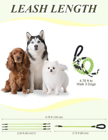 مقود 3-Dog-Dog-dog-حبل رئيسي مع مقبض مبطن ، وثلاثة مقاطع مقود قابلة للفصل ، مقطع شاق ، 4.76 قدم للمشي ، الجري ، الكلاب الصغيرة ، المتوسطة ، الكلاب الكبيرة (أخضر) in Kuwait