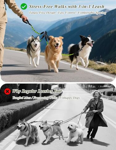 مقود 3-Dog-Dog-dog-حبل رئيسي مع مقبض مبطن ، وثلاثة مقاطع مقود قابلة للفصل ، مقطع شاق ، 4.76 قدم للمشي ، الجري ، الكلاب الصغيرة ، المتوسطة ، الكلاب الكبيرة (أخضر) in Kuwait