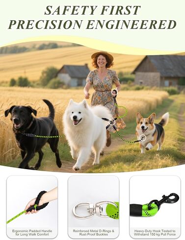 مقود 3-Dog-Dog-dog-حبل رئيسي مع مقبض مبطن ، وثلاثة مقاطع مقود قابلة للفصل ، مقطع شاق ، 4.76 قدم للمشي ، الجري ، الكلاب الصغيرة ، المتوسطة ، الكلاب الكبيرة (أخضر) in Kuwait