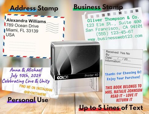 Large size Custom Stamp - Up to 5 Lines of Personalized Text, 6 Ink Colors & Many Fonts, Self Inking Business Stamp, Personal use, Return Address, Labels, Name, Office Supplies, Rubber Stamps in Saudi Arabia