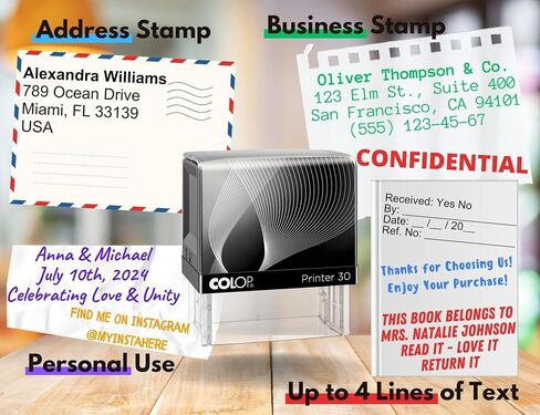 Large size Custom Stamp - Up to 5 Lines of Personalized Text, 6 Ink Colors & Many Fonts, Self Inking Business Stamp, Personal use, Return Address, Labels, Name, Office Supplies, Rubber Stamps in Saudi Arabia
