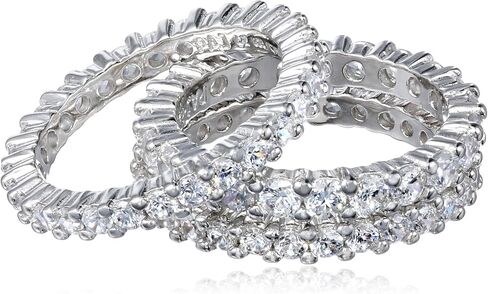 Amazon Collection Tri-Tone Sterling Silver Cubic Zirconia All-Around Band Stacking Ring Set (Set of 3), Size 7 in Saudi Arabia
