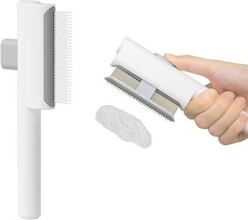 Cat Shedding Comb for Long Matted Hair, Cat Flea Comb for Indoor Cats or Dogs, Release Button Self-Cleaning Pet Combs, Long & Short Stainless Steel Metal Teeth, White in Saudi Arabia