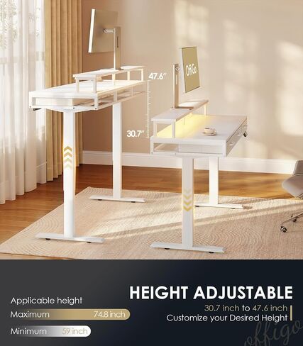 Electric Standing Desk with Drawers, 55 Inch Height Adjustable Desk with Power Outlets & LED Lights, Sit Stand Table with Monitor Stand for Home, Office, Workstation, White in Kuwait