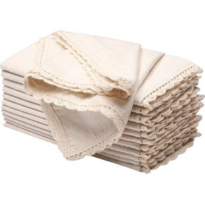 HOMIDATE Cloth Napkins Set of 12 Size 18x18, Linen Cotton Blend with Lace Trim, Mitered Corners, Machine Washable, Perfect for Weddings, Cocktails, and Dinner Parties