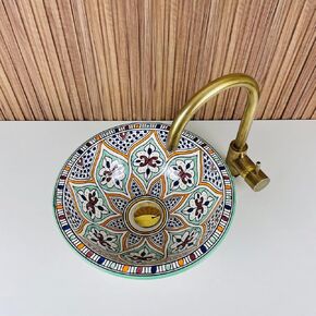 Handmade Ceramic Sink, Modern Above Counter Bathroom Vanity Basin, Above Counter Round Bowl Hand Painted Countertop Sink Art Basin, Bar Vanity Vessel. (16'' : 40cm + Brass Faucet + Pop up Drain)