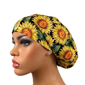 Surgical Cap, Euro Scrubhat for Nurses with Long Hair, Adjustable Bouffant, Sunflowers