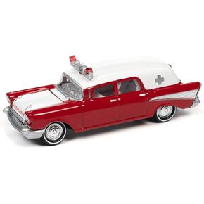 1957 Chevy Ambulance Kosmos Red and White with White Interior 1/64 Diecast Model Car by Johnny Lightning JLSP130