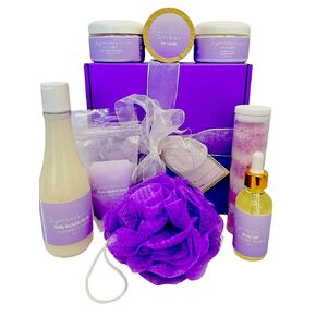 Imperical Beauty Lavender Spa Box – spa package gift set for women with Loofah, Body Cream, Sugar Foam Scrub, Bath Salts, Body Oil, Soy Candle – Birthday Gifts for Women, Mother's Day Gifts, Self Care Package