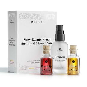 Katari Slow Beauty Ritual Set for Dry & Mature Skin Kit with Rosehip Oil, Roseau Toner, Hoba Oil, 3-Step Ancient Beauty System