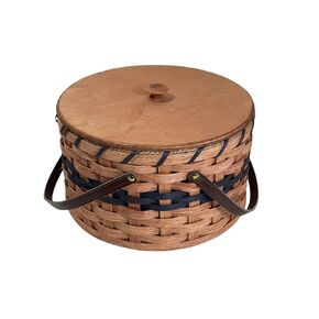 Amish Double Pie Carrier Basket Gingerich Style Round Oak Leather Swinging Carrier Handles (Green)