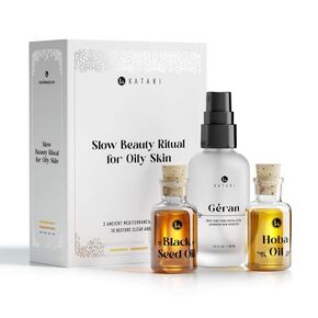 Slow Beauty Ritual for Oily Skin with 3 fresh Mediterranean ingredients with Jojoba Oil Cleanser, Geranium Hydrating Mist and acne-fighting Black Seed Oil