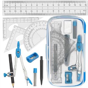 Drafting Compass Kit Starter Math Set Featuring Geometry Compass, Protractor, Set Squares, and Ruler – for School Graders Math Study with Every Piece Compact in Carrying Case, Classic Blue