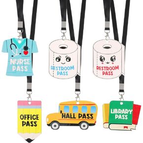 6 Sets Hall Pass Lanyards and School Passes Set,Unbreakable Wooden Passes,Cute Classroom Pass for School Classroom Hall Restroom Bathroom Library Office Nurse Teacher Supplies