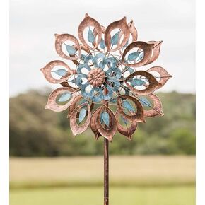 Mesmerizing Copper Lily Wind Spinner Dual-Tone | Petal-in-Petal Design | Independent Rotors | Brushed Copper & Antique Blue |All Seasons | 24" Wx75 H