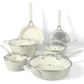 Martha Stewart Heathland Premium Nonstick PFA Free Ceramic Interior 10-Piece Tapered Aluminum Cookware Set - Linen White