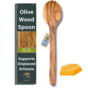 Olive Wood Spoon - 11'' Serving and Cooking Spoon, Artisan Utensil, Fair-Trade, Handcrafted Serving Utensils, Olive Wood Utensils, Wooden Cooking Spoon, Includes 2 Greek Recipes - LESVOS WOODCRAFT