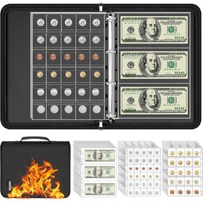 Coin Binder for Collectors with Handle, Fireproof 400 Pockets Coin Collection Album & 36 Paper Currency Book Sleeves, Coin and Bill Organizer Holder Supplies for Quarters, Pennies, 12.8x10.2x1.8inch