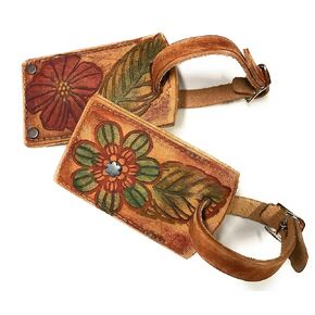Rustic Leather Luggage Tag in Boho Flower of Forget Me Not or Hibuscus with Name Plate Bag Tag - You choose the color