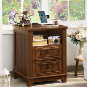 18" Farmhouse Night Stands Set of 2 with Charging Station, 2 Drawers End Table Dresser for Bedroom, Blue Wooden Nightstand, Bed Side Table with Open Shelf, Bedside Cabinet for Living Room
