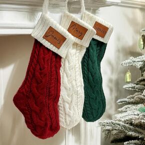Personalized Christmas Stockings with Names, 18" Large Family Knitted Xmas Stocking with Leather Nameplate for Kids, Pack of 5 Customized Christmas Stockings for Fireplace Decoration