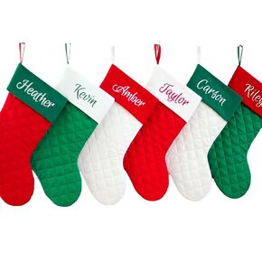 Personalized 19" Christmas Stocking Quilted Red, White and Kelly Green. 1 Custom Stocking with Name or Blank