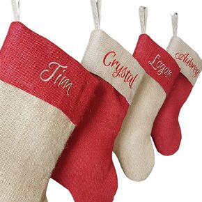 Personalized 19" Christmas Stocking in Natural and Red Burlap. 1 Custom Stocking with Name or Blank