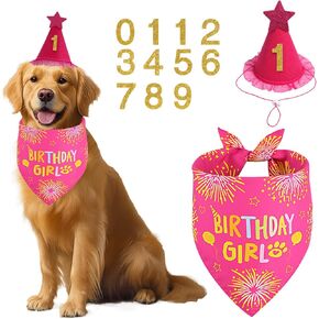 لوازم حفلة عيد ميلاد الكلب ، مجموعة عيد ميلاد الورد الوردي مع قبعة باندانا أرقام ل Xlarge Girl Girl Pets Puppy
