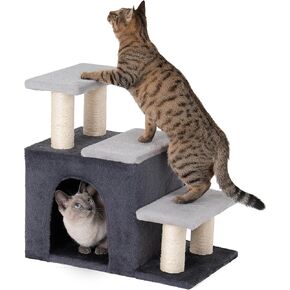 3-in-1 Pet Stairs for Cats, Dog Steps for Small Doggie, 6.29''Depth Cat Stairs, Indoor Cat Ladders for High Bed for Pet's Joints,Soft Plush, 1 Cat Condo Cave, Sisal Scratching Posts, Grey, Medium