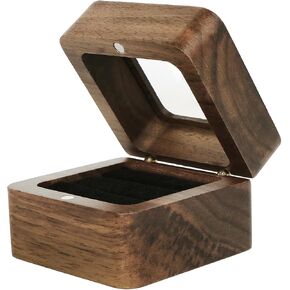 Wedding Ring Box 2 Slots Wood, Wooden Ring Boxes for Wedding, Mini Engagement Ring Holder Box with Transparent Cover, Square Wedding Ring Box with Sponge Slot (Black)