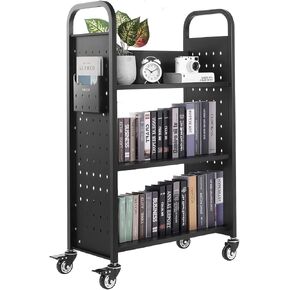 VEVOR Rolling Library Book Cart, 330 lbs Capacity, 30.3 x 15 x 48.0-Inch Library Cart, Single Sided L-Shaped Shelves with 3-Inch Lockable Wheels, Book Truck for Home Shelves Office and School, Black