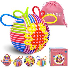 Kids Sensory Fidget Toys Adults Anxiety, 3D Sensory Activity Ball for Autism ADHD Tools with 24 Strings Portable Bag, Toddler Travel Toys Airplane Roadtrip for Boy Girl Birthday Gift(Pink)