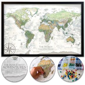 Personalized World Map Pin Board - Large Wall Art Stretched Canvas, Rolled Poster, or Framed Map - World Map with Push Pins for Wall - Track Places Traveled - World Maps for Wall - Nautilus Edition