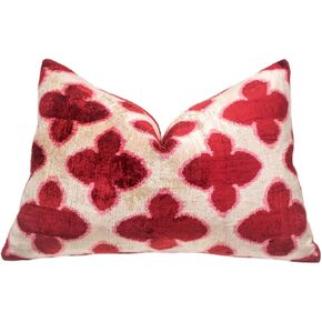Burgundy and Pink Quatrefoil Ikat Pillow - Handmade Silk Velvet Cushion with Ornate Pattern for Chic Interiors in Saudi Arabia