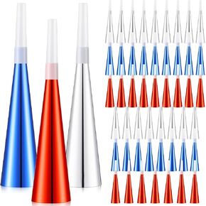 Lenwen 50 Pcs Independence Day Noise Makers Bulk Red Blue Silver Noise Makers Glitter Metallic Blowers for 4th of July Patriotic Party Favors USA Patriotic Party Supplies