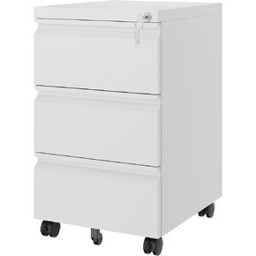 Letaya 3 Drawer Mobile File Cabinet with Lock, Under Desk Metal Rolling Filing Cabinets for Home Office Organizer-Letter/Legal/A4/F4 (Requires Installation-White)
