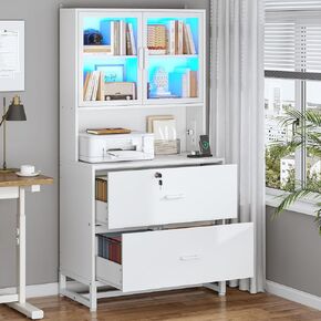 SEDETA 2 Drawer File Cabinet with Lock & Charging Station, Filing Cabinet Fits Letter, Legal, A4 Size, Wood File Cabinets for Home Office with Bookshelf, Printer Stand with Storage Shelf, Black