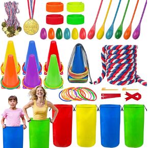 LINAYE Field Day Games Outdoor Activities, Carnival Lawn Yard Picnic Family Reunion Games Tug of War Rope Sack Race Bags for Adults and Kids Ring Toss Egg and Spoon 3 Legged Race for Birthday Party