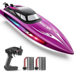 Remote Control Boat for Adults, 25+ KMH Fast RC Speed Boat with LED Light for Kids, Self-righting, Demo, WF17 Ideal Pools and Lakes Toys, 2 Rechargeable Batteries for 30-40 Mins, Purple