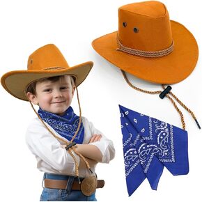 SeptCity Toddler Cowboy Hat and Blue Bandana for 3-5 years old, Cowboy Costume Set for Boys and Girls Pretend Play Dress Up Cosplay Accessories for Halloween Birthday Western Parties
