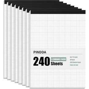 Graph Paper, 3 Pack, 8.5 x 11 Grid Paper Notebook, 4x4 Graph Ruled, 30 Sheets per Pad, Easy-Tear Perforations, 8.5 x 11 Cardboard Backing, for Math, Drafting, Drawing, Engineering
