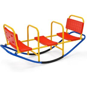KOTEK Teeter Totter, 3-Person Metal Rocking Seesaw with Back & Easy-Grip Handles, Playground Equipment for Backyard Daycare, Indoor Outdoor Rocker Toy Seesaw for Kids Toddlers (Blue)