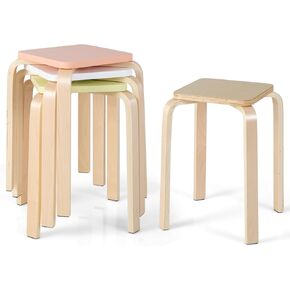 GOFLAME Stackable Wooden Stools Set of 4, Backless Chairs with Square Top, Anti-Slip Felt Mats, Portable Seating for Classroom, Office, Dinning Room, Living Room, Kitchen, Bar Counter, Natural