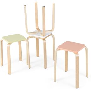 COSTWAY Stackable Wooden Stools Set of 4, Portable 18-Inch Height Backless School Chairs with Square Top, Anti-Slip Felt Mats, Stacking Stools for Classroom, Dining Room, Kitchen, Assorted Color